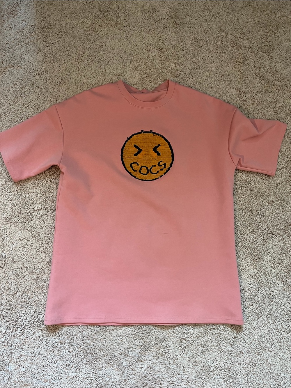 Pink Graphic Tee with Yellow Smiley Patch